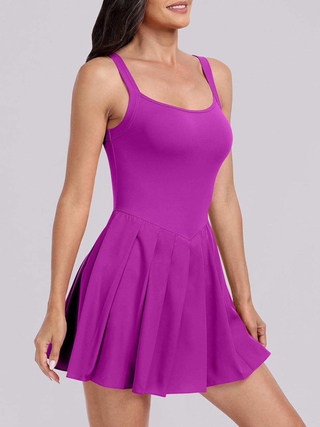 imageANRABESS Womens Tennis Athletic Pleated Summer Mini Dress 2025 Golf Workout Build in Shorts Casual Romper Short SundressPurple Red