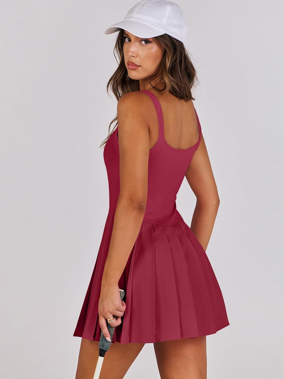 imageANRABESS Womens Tennis Athletic Pleated Summer Mini Dress 2025 Golf Workout Build in Shorts Casual Romper Short SundressRed