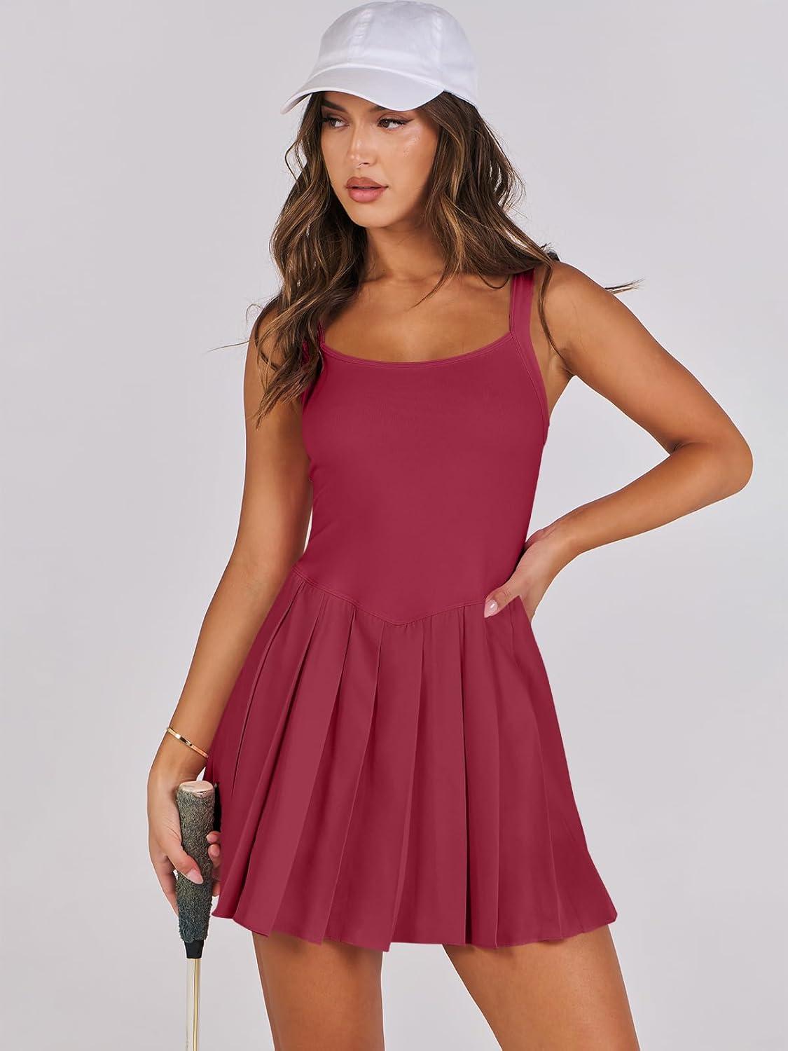 imageANRABESS Womens Tennis Athletic Pleated Summer Mini Dress 2025 Golf Workout Build in Shorts Casual Romper Short SundressRed