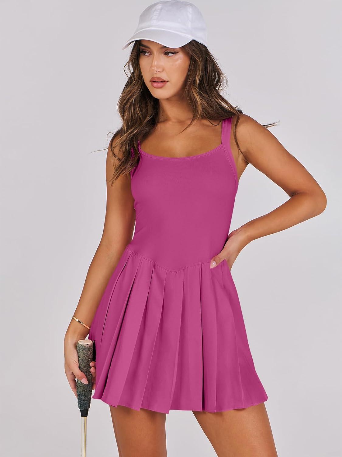 imageANRABESS Womens Tennis Athletic Pleated Summer Mini Dress 2025 Golf Workout Build in Shorts Casual Romper Short SundressRose