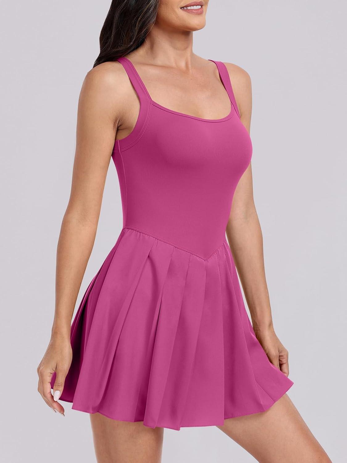 imageANRABESS Womens Tennis Athletic Pleated Summer Mini Dress 2025 Golf Workout Build in Shorts Casual Romper Short SundressRose