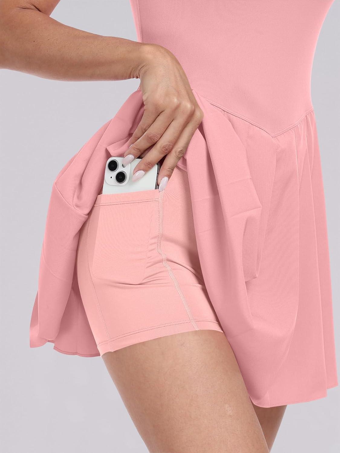 imageANRABESS Womens Tennis Athletic Pleated Summer Mini Dress 2025 Golf Workout Build in Shorts Casual Romper Short SundressSalmon Light Pink