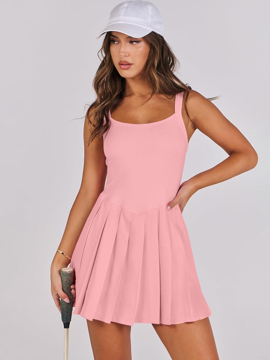 imageANRABESS Womens Tennis Athletic Pleated Summer Mini Dress 2025 Golf Workout Build in Shorts Casual Romper Short SundressSalmon Light Pink