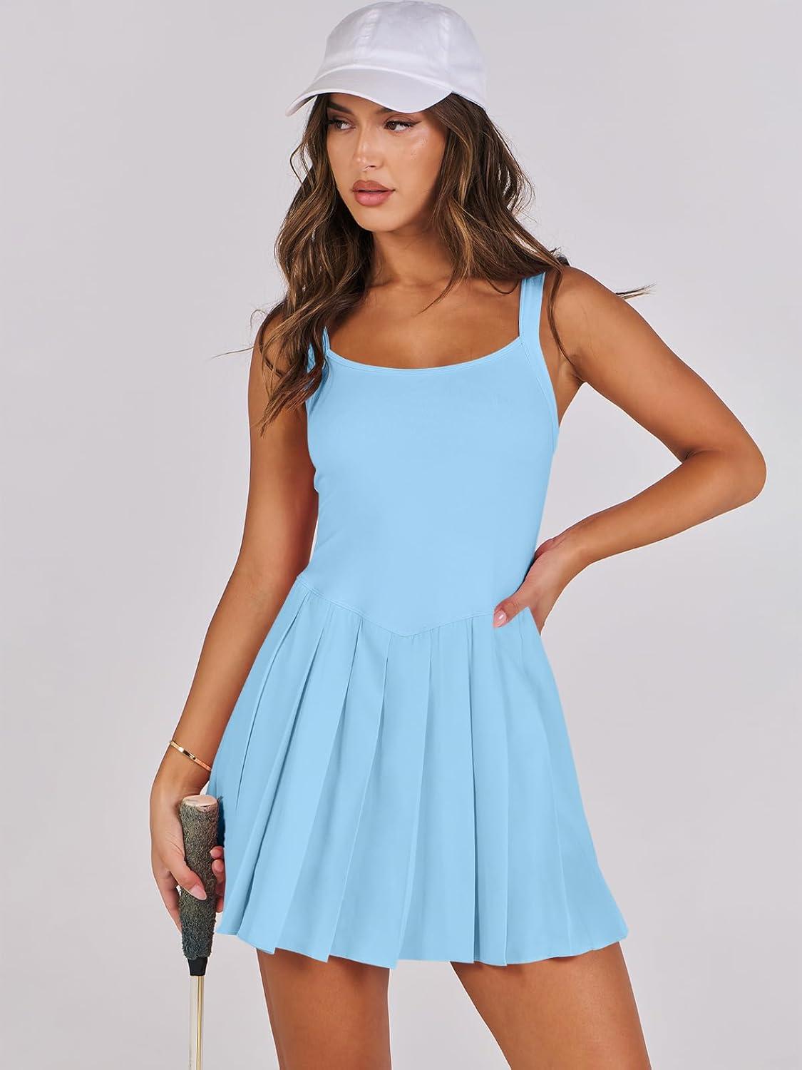 imageANRABESS Womens Tennis Athletic Pleated Summer Mini Dress 2025 Golf Workout Build in Shorts Casual Romper Short SundressSky Blue