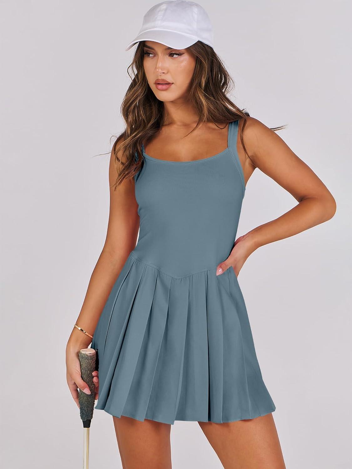 imageANRABESS Womens Tennis Athletic Pleated Summer Mini Dress 2025 Golf Workout Build in Shorts Casual Romper Short SundressSteel Blue