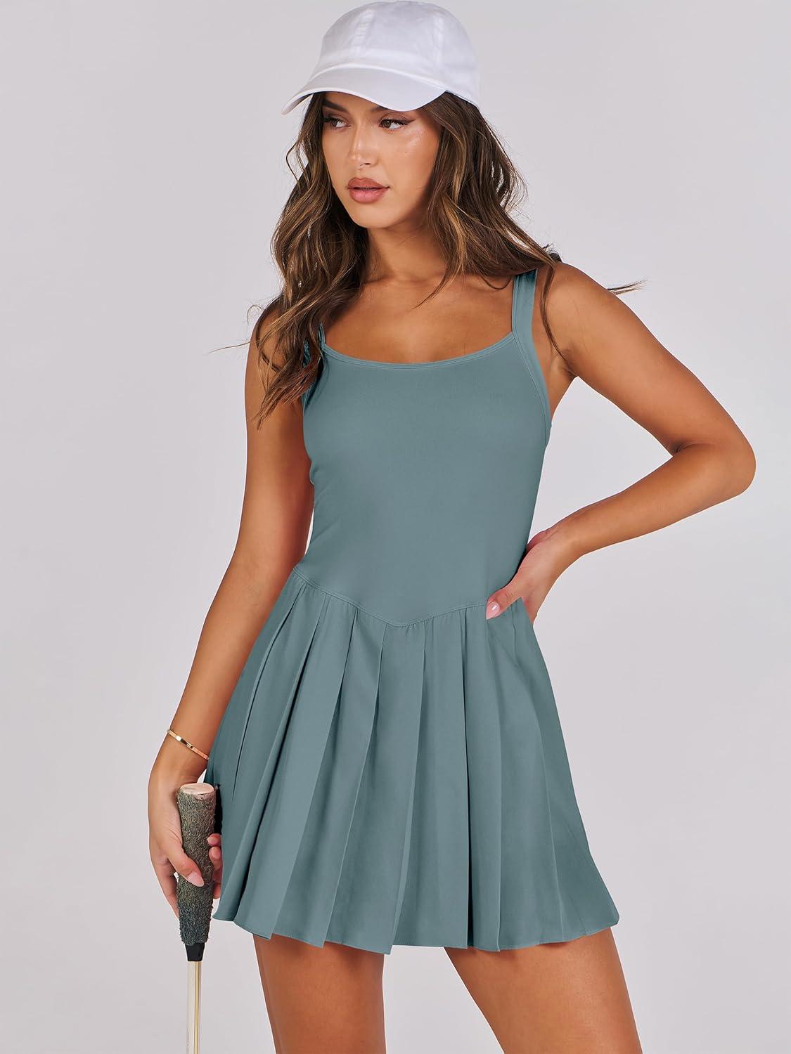imageANRABESS Womens Tennis Athletic Pleated Summer Mini Dress 2025 Golf Workout Build in Shorts Casual Romper Short SundressSteel Blue