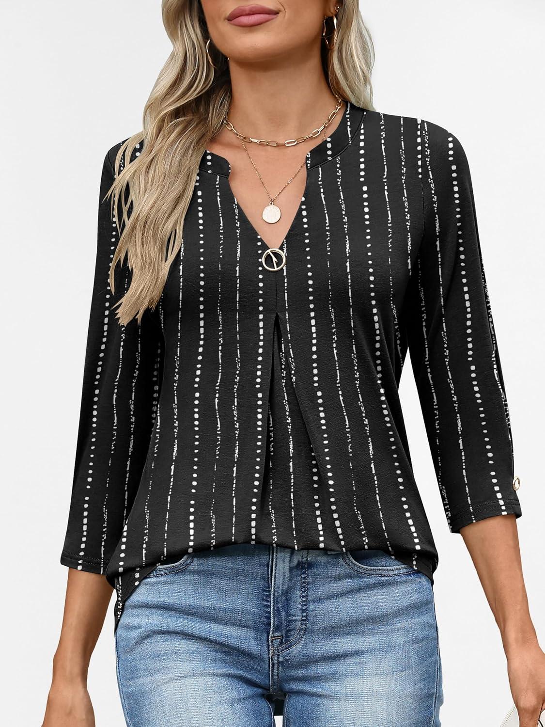 imageANRABESS Womens Tops 34 Length Sleeve Shirts Business Casual Dressy Blouses 2025 Fall Work Tunic Tee TShirts Office OutfitsBlack White Strip