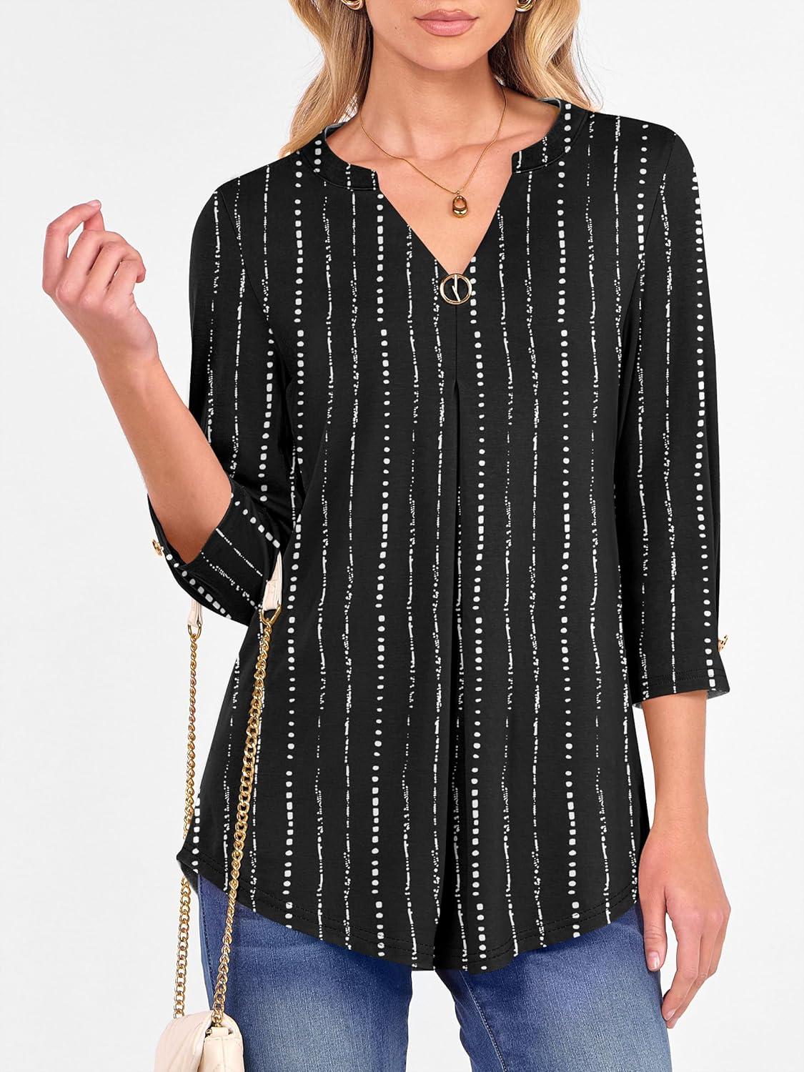 imageANRABESS Womens Tops 34 Length Sleeve Shirts Business Casual Dressy Blouses 2025 Fall Work Tunic Tee TShirts Office OutfitsBlack White Strip