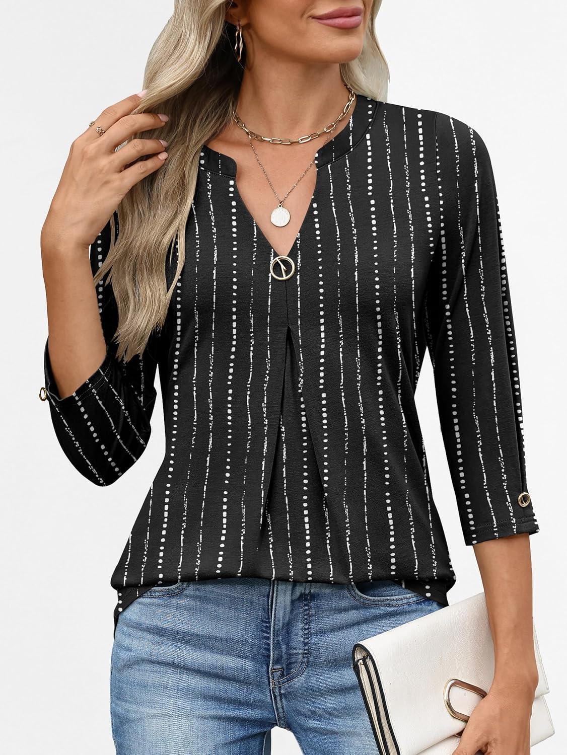 imageANRABESS Womens Tops 34 Length Sleeve Shirts Business Casual Dressy Blouses 2025 Fall Work Tunic Tee TShirts Office OutfitsBlack White Strip