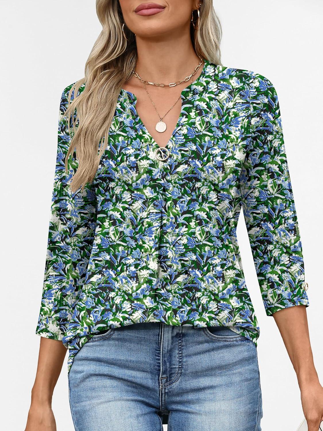 imageANRABESS Womens Tops 34 Length Sleeve Shirts Business Casual Dressy Blouses 2025 Fall Work Tunic Tee TShirts Office OutfitsBlue Green Floral