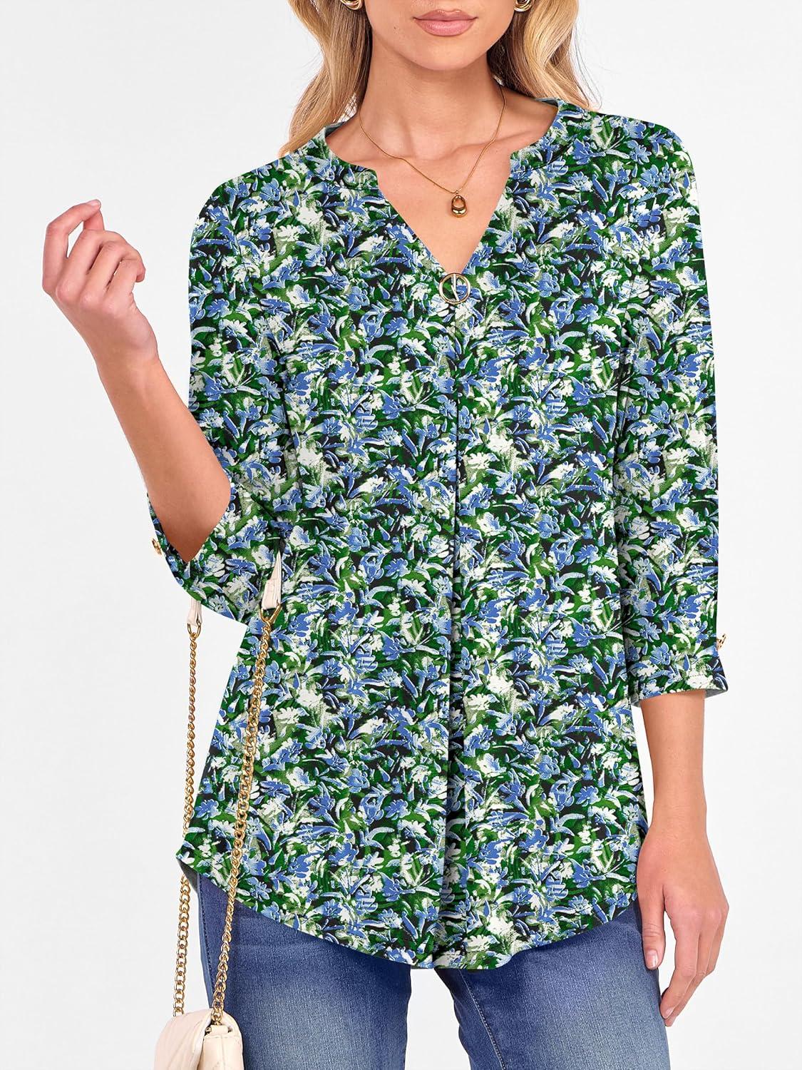 imageANRABESS Womens Tops 34 Length Sleeve Shirts Business Casual Dressy Blouses 2025 Fall Work Tunic Tee TShirts Office OutfitsBlue Green Floral