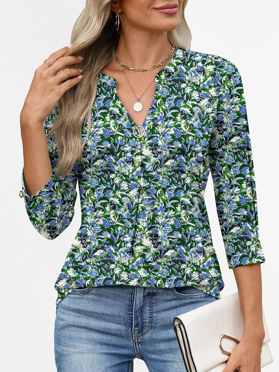 imageANRABESS Womens Tops 34 Length Sleeve Shirts Business Casual Dressy Blouses 2025 Fall Work Tunic Tee TShirts Office OutfitsBlue Green Floral