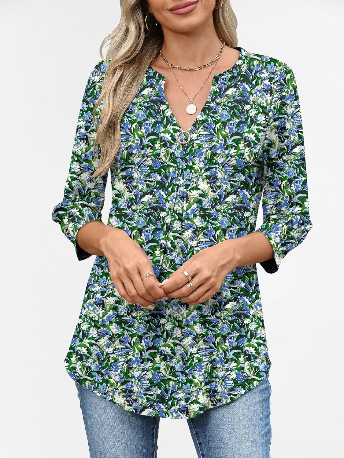 imageANRABESS Womens Tops 34 Length Sleeve Shirts Business Casual Dressy Blouses 2025 Fall Work Tunic Tee TShirts Office OutfitsBlue Green Floral