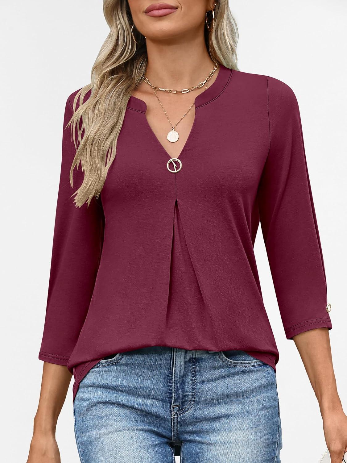imageANRABESS Womens Tops 34 Length Sleeve Shirts Business Casual Dressy Blouses 2025 Fall Work Tunic Tee TShirts Office OutfitsBurgundy