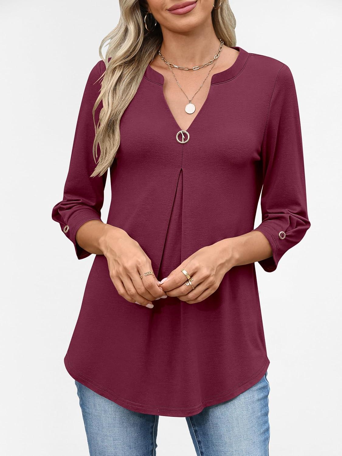 imageANRABESS Womens Tops 34 Length Sleeve Shirts Business Casual Dressy Blouses 2025 Fall Work Tunic Tee TShirts Office OutfitsBurgundy