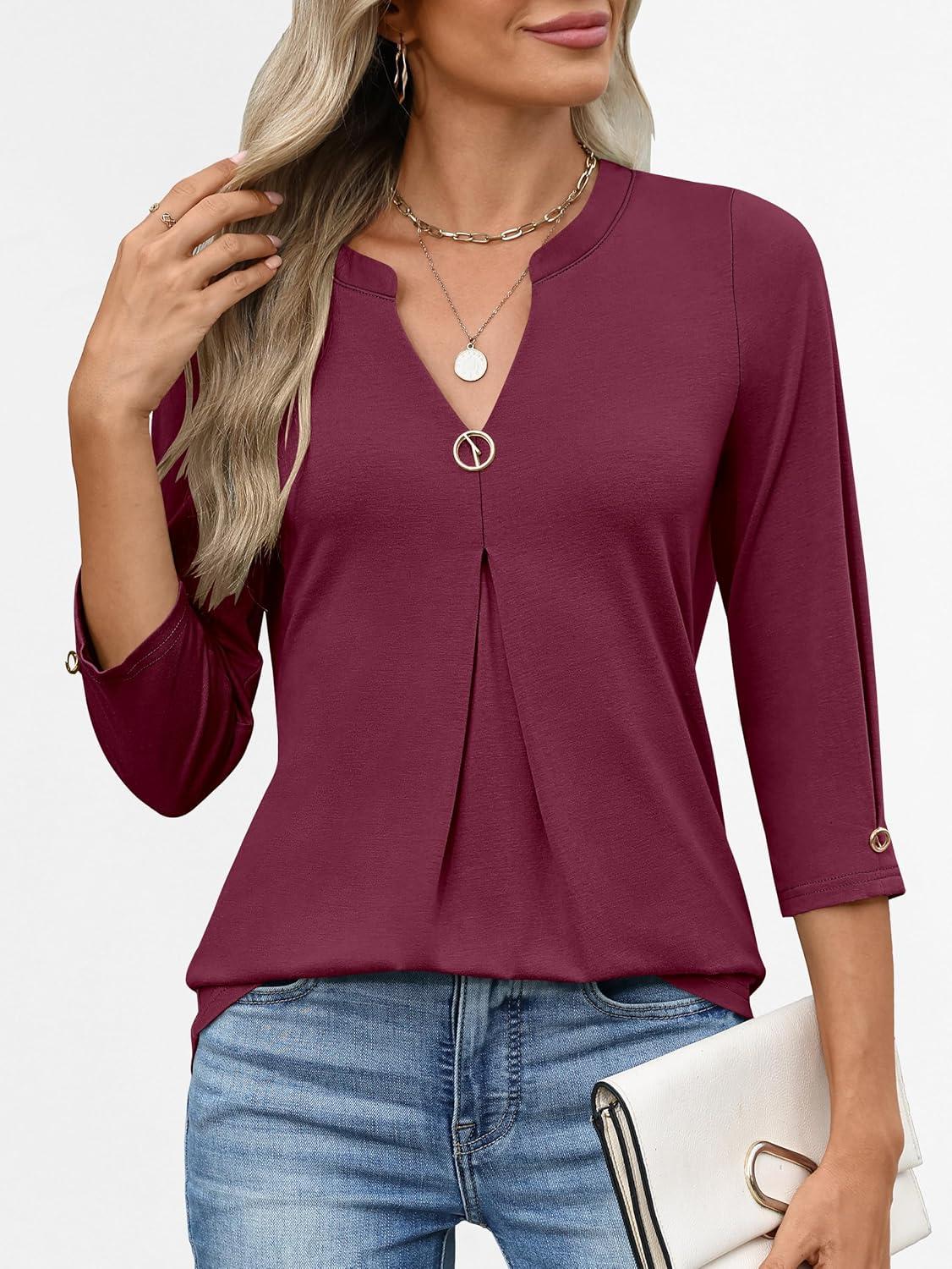 imageANRABESS Womens Tops 34 Length Sleeve Shirts Business Casual Dressy Blouses 2025 Fall Work Tunic Tee TShirts Office OutfitsBurgundy