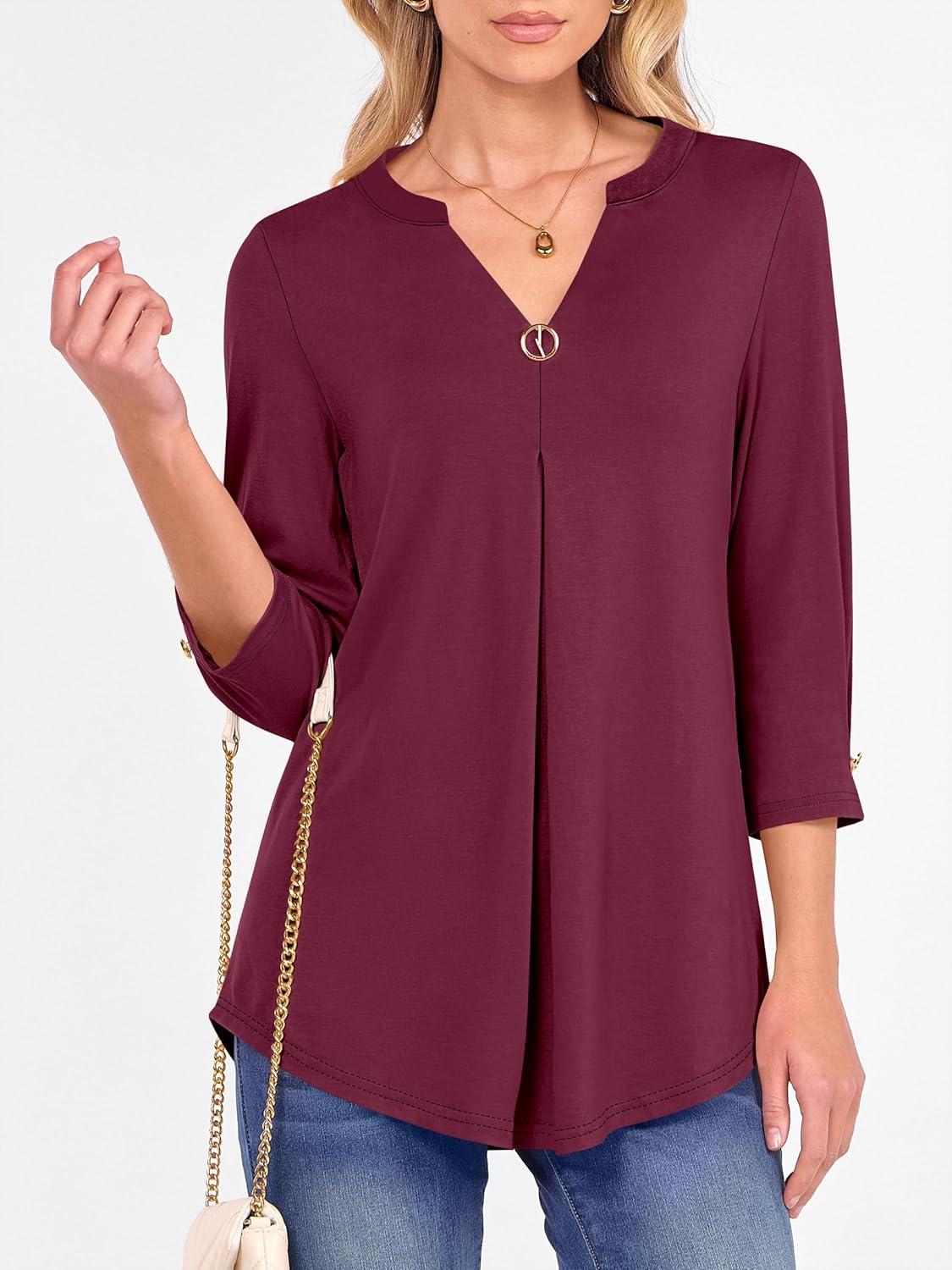 imageANRABESS Womens Tops 34 Length Sleeve Shirts Business Casual Dressy Blouses 2025 Fall Work Tunic Tee TShirts Office OutfitsBurgundy