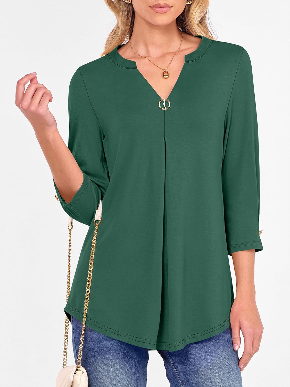 imageANRABESS Womens Tops 34 Length Sleeve Shirts Business Casual Dressy Blouses 2025 Fall Work Tunic Tee TShirts Office OutfitsDeep Green