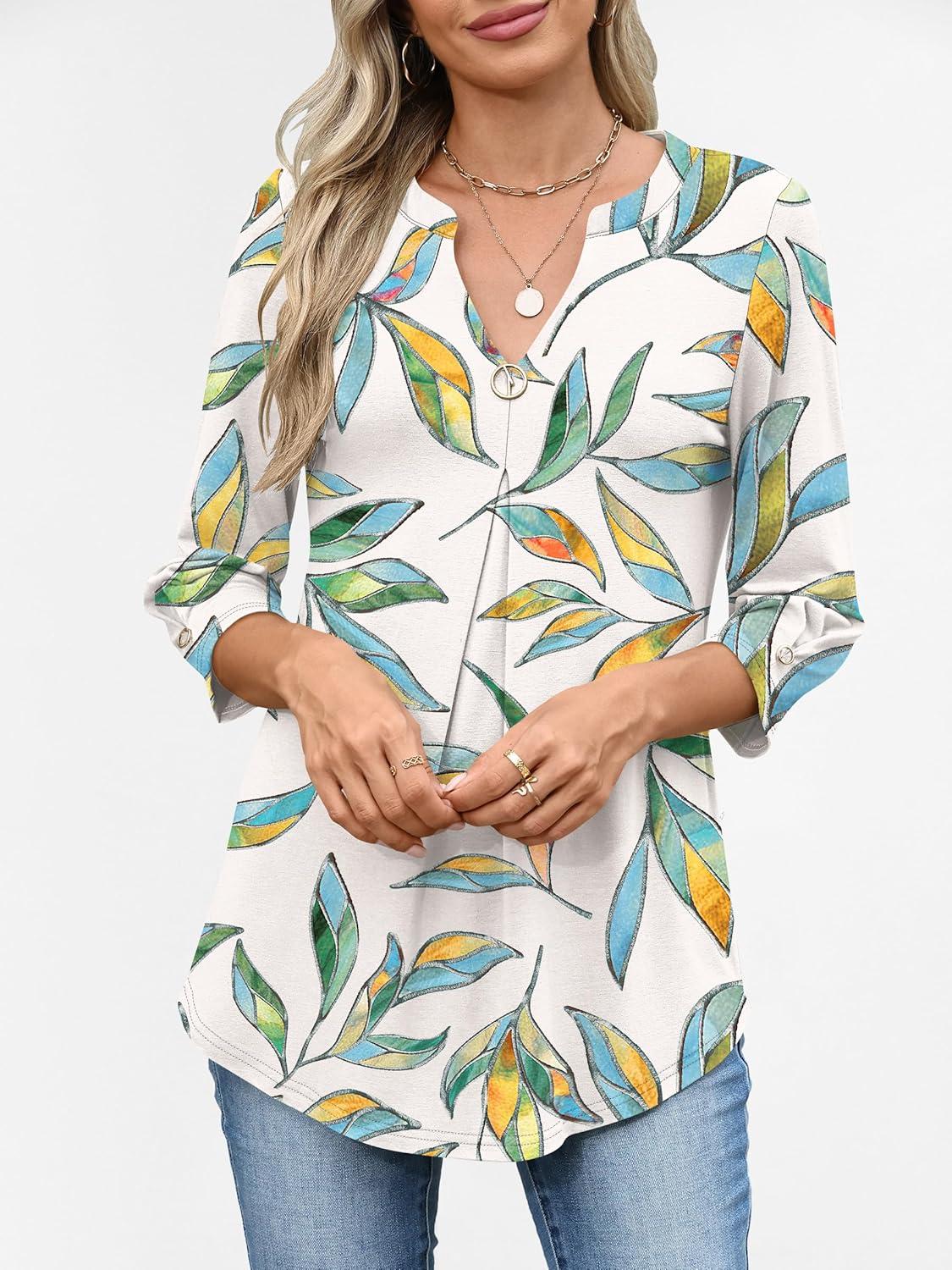 imageANRABESS Womens Tops 34 Length Sleeve Shirts Business Casual Dressy Blouses 2025 Fall Work Tunic Tee TShirts Office OutfitsMulti Leaf