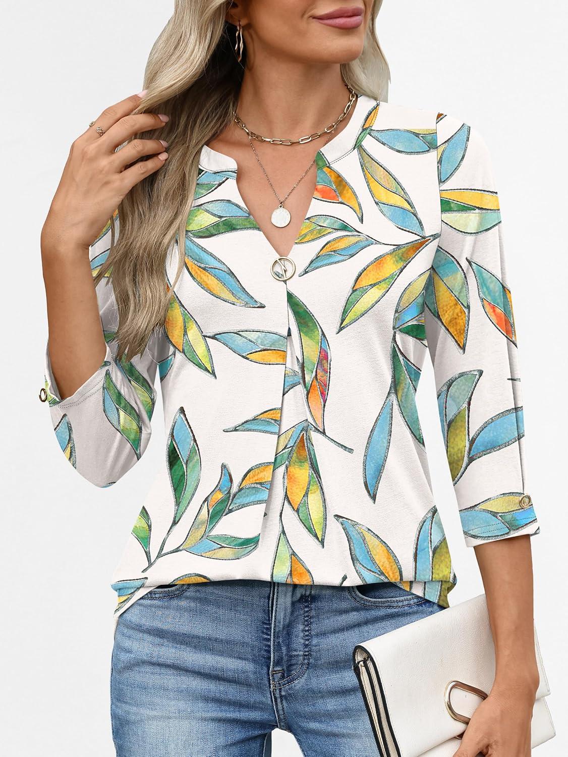 imageANRABESS Womens Tops 34 Length Sleeve Shirts Business Casual Dressy Blouses 2025 Fall Work Tunic Tee TShirts Office OutfitsMulti Leaf