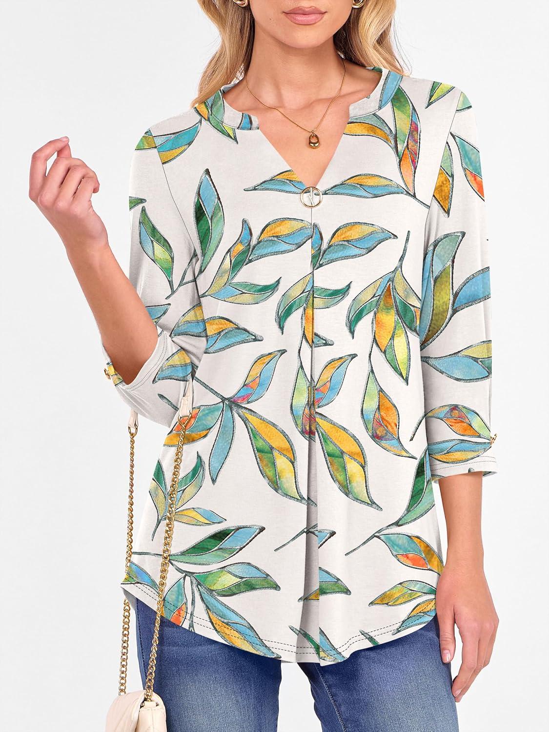 imageANRABESS Womens Tops 34 Length Sleeve Shirts Business Casual Dressy Blouses 2025 Fall Work Tunic Tee TShirts Office OutfitsMulti Leaf