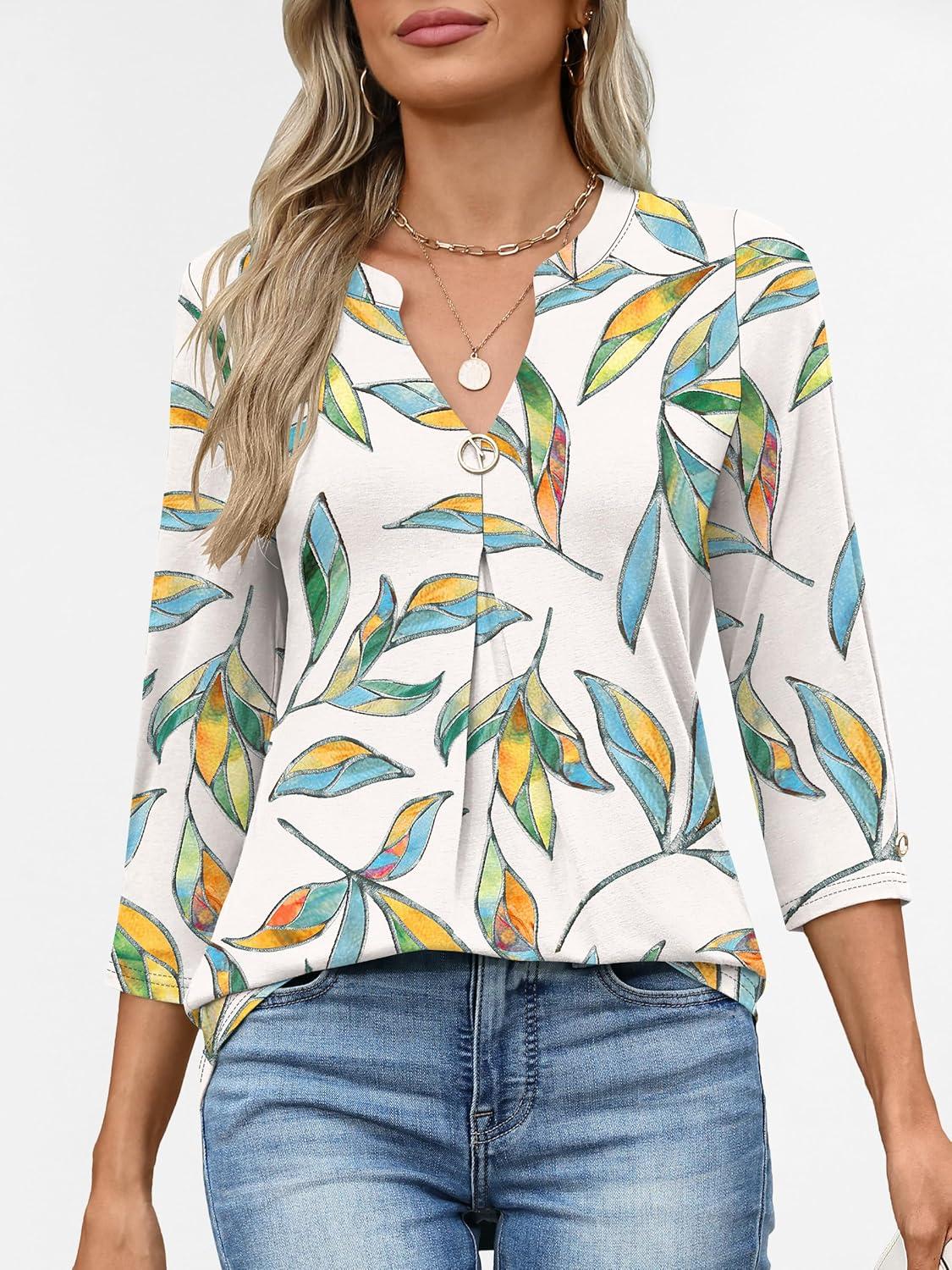 imageANRABESS Womens Tops 34 Length Sleeve Shirts Business Casual Dressy Blouses 2025 Fall Work Tunic Tee TShirts Office OutfitsMulti Leaf