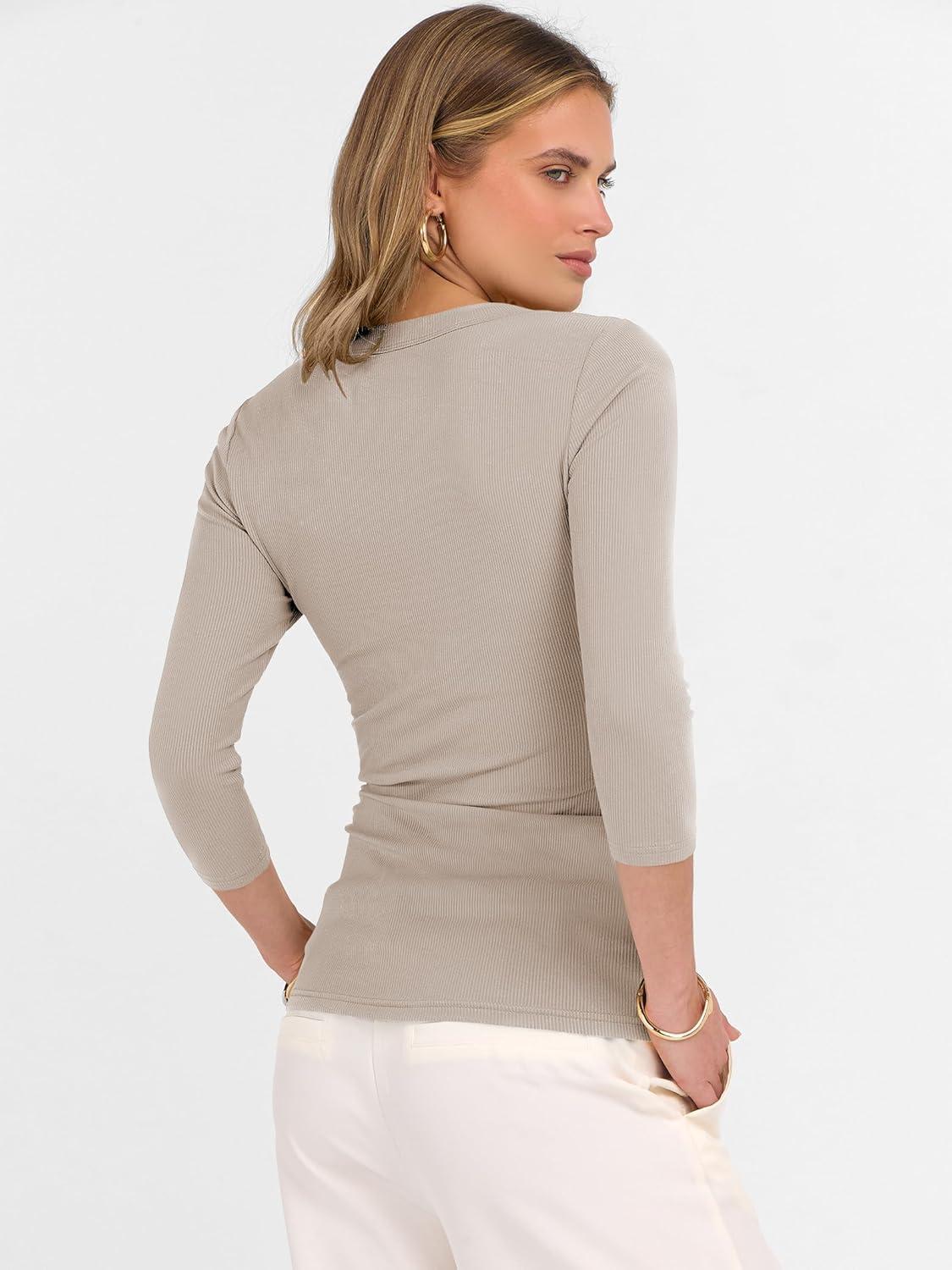 imageANRABESS Womens Tops 34 Sleeve V Neck Ribbed Knit Slim Fit Shirts Basic Tee 2025 Fall Outfits Casual Tshirt Fashion ClothesBeige