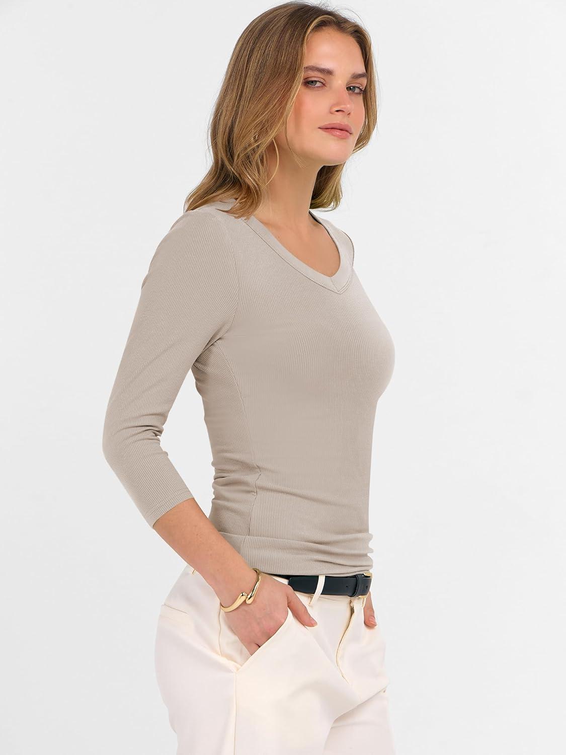 imageANRABESS Womens Tops 34 Sleeve V Neck Ribbed Knit Slim Fit Shirts Basic Tee 2025 Fall Outfits Casual Tshirt Fashion ClothesBeige