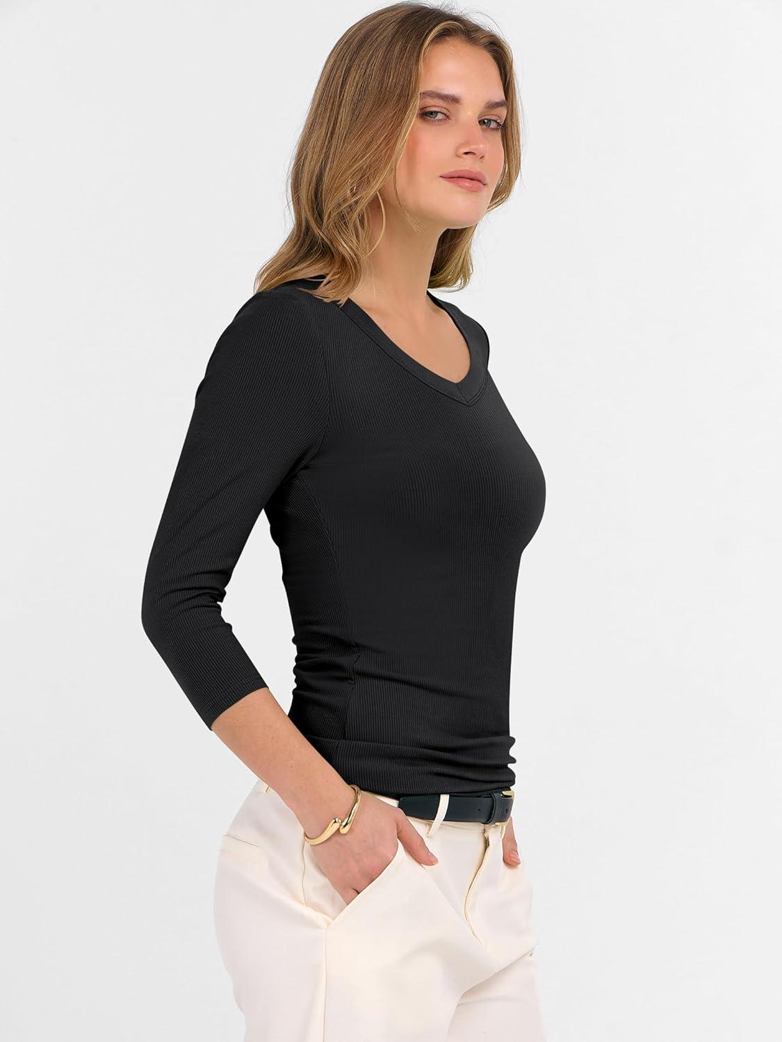 imageANRABESS Womens Tops 34 Sleeve V Neck Ribbed Knit Slim Fit Shirts Basic Tee 2025 Fall Outfits Casual Tshirt Fashion ClothesBlack