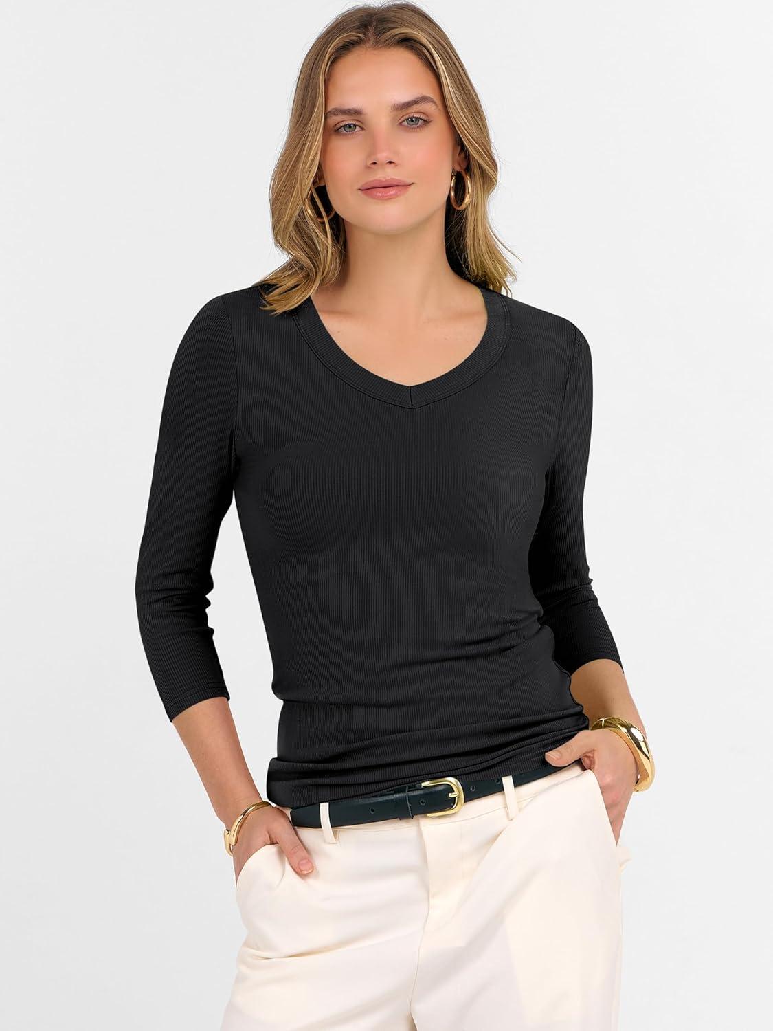 imageANRABESS Womens Tops 34 Sleeve V Neck Ribbed Knit Slim Fit Shirts Basic Tee 2025 Fall Outfits Casual Tshirt Fashion ClothesBlack