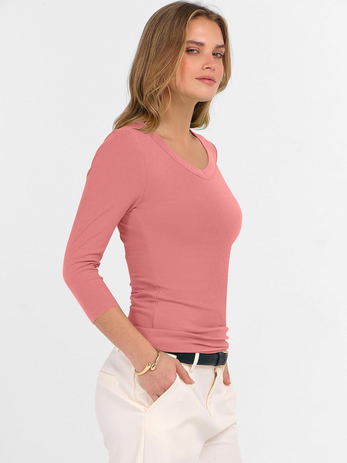 imageANRABESS Womens Tops 34 Sleeve V Neck Ribbed Knit Slim Fit Shirts Basic Tee 2025 Fall Outfits Casual Tshirt Fashion ClothesCoral Pink