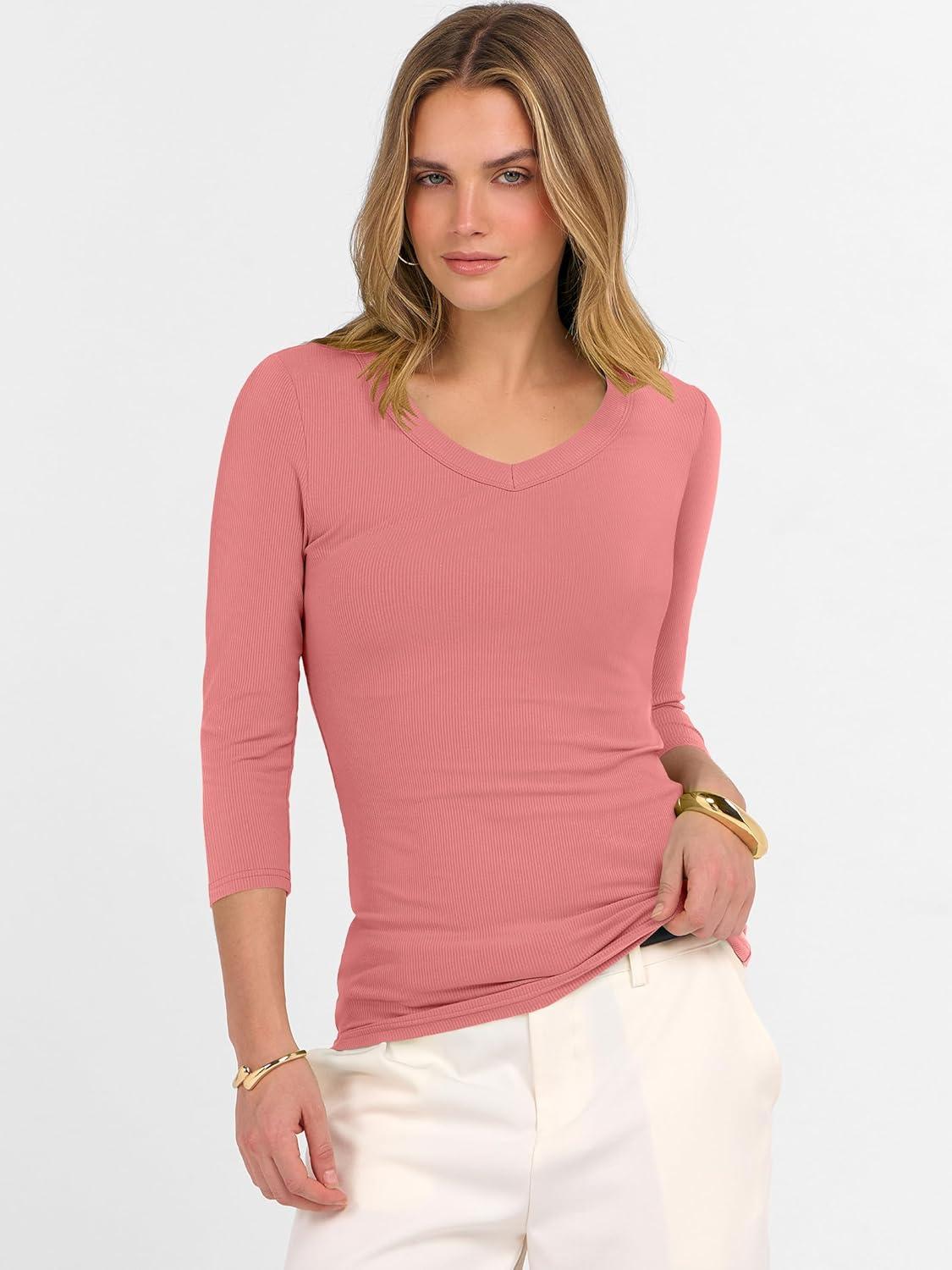 imageANRABESS Womens Tops 34 Sleeve V Neck Ribbed Knit Slim Fit Shirts Basic Tee 2025 Fall Outfits Casual Tshirt Fashion ClothesCoral Pink
