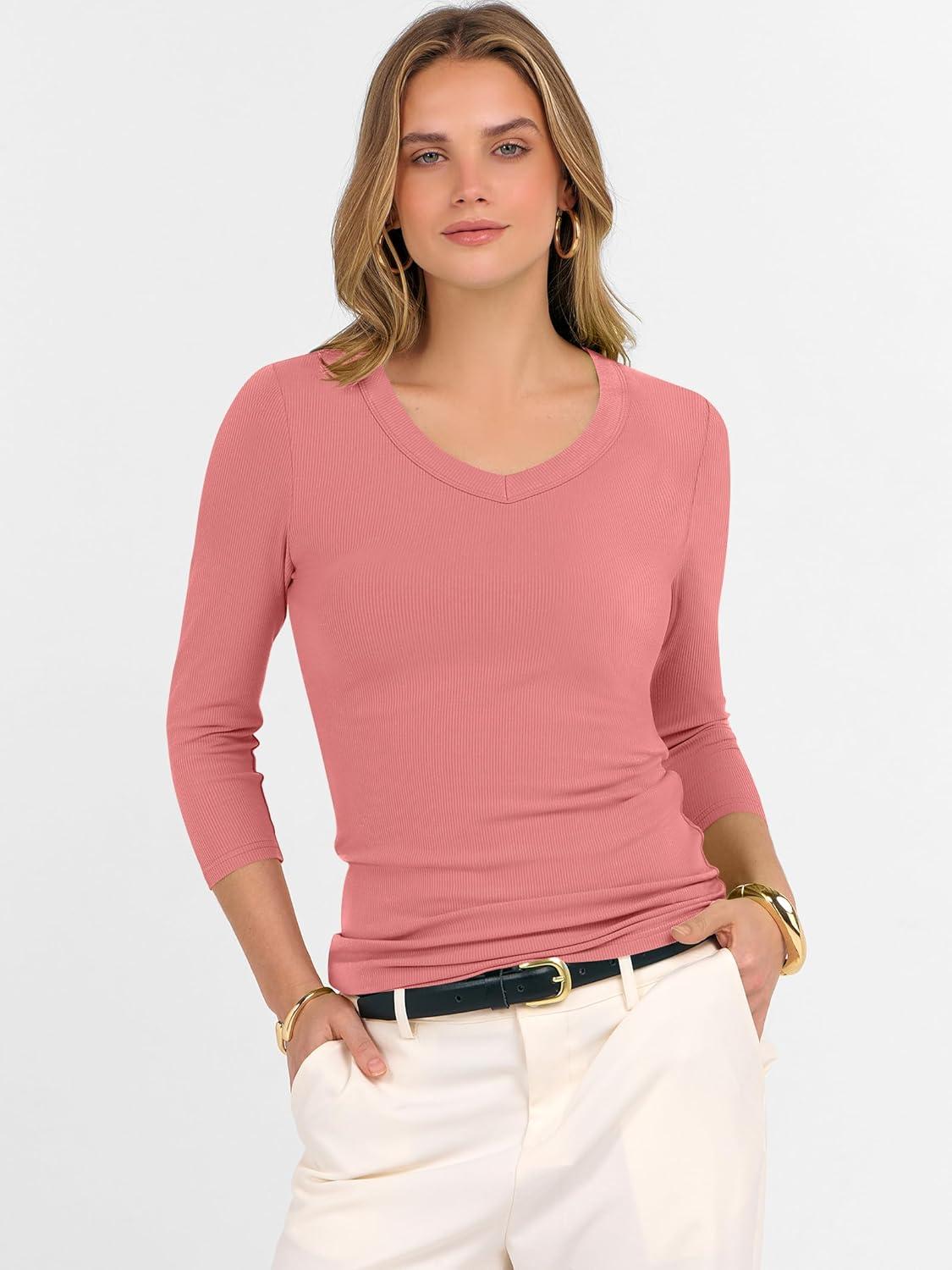 imageANRABESS Womens Tops 34 Sleeve V Neck Ribbed Knit Slim Fit Shirts Basic Tee 2025 Fall Outfits Casual Tshirt Fashion ClothesCoral Pink