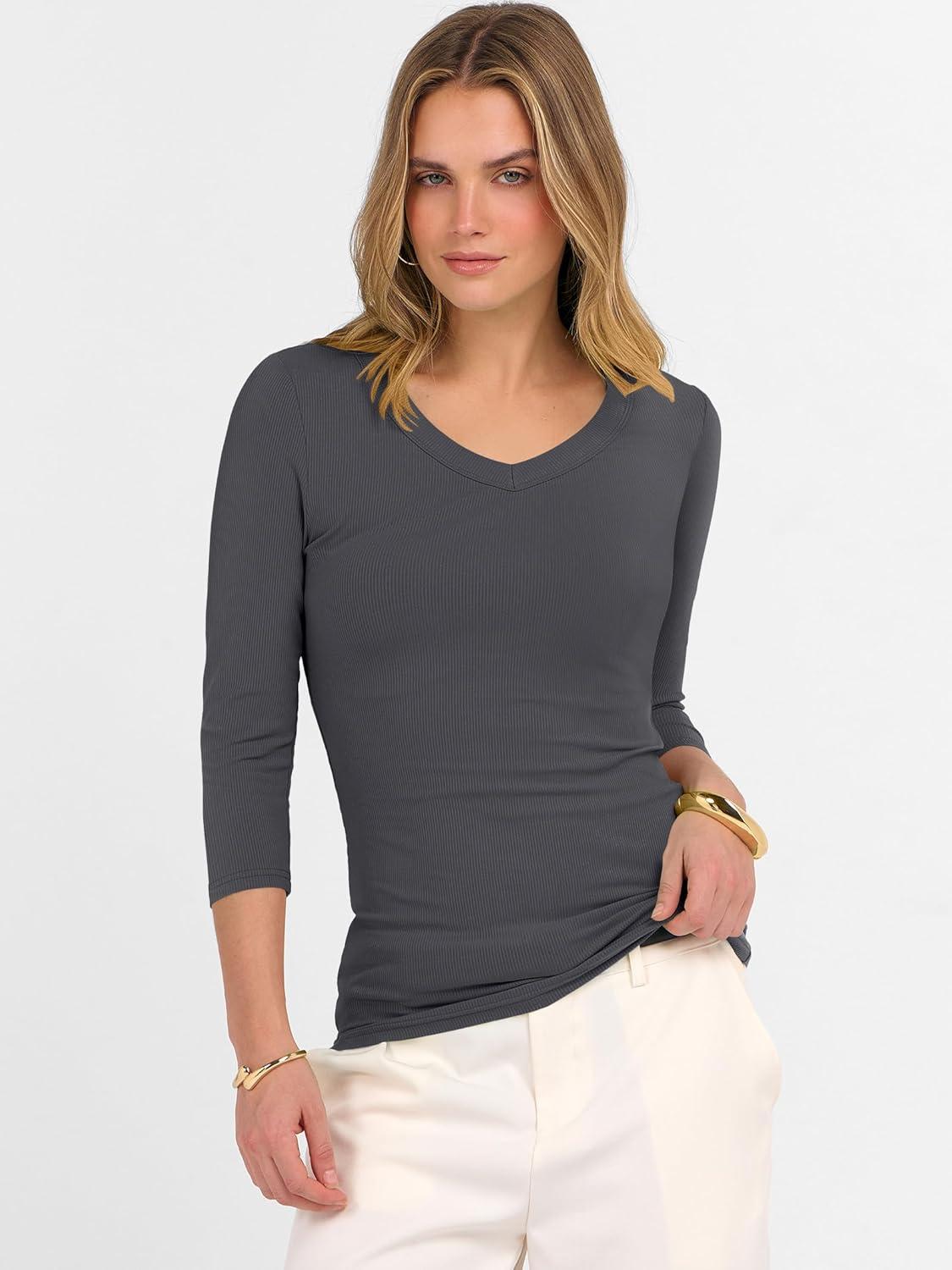 imageANRABESS Womens Tops 34 Sleeve V Neck Ribbed Knit Slim Fit Shirts Basic Tee 2025 Fall Outfits Casual Tshirt Fashion ClothesDeep Grey