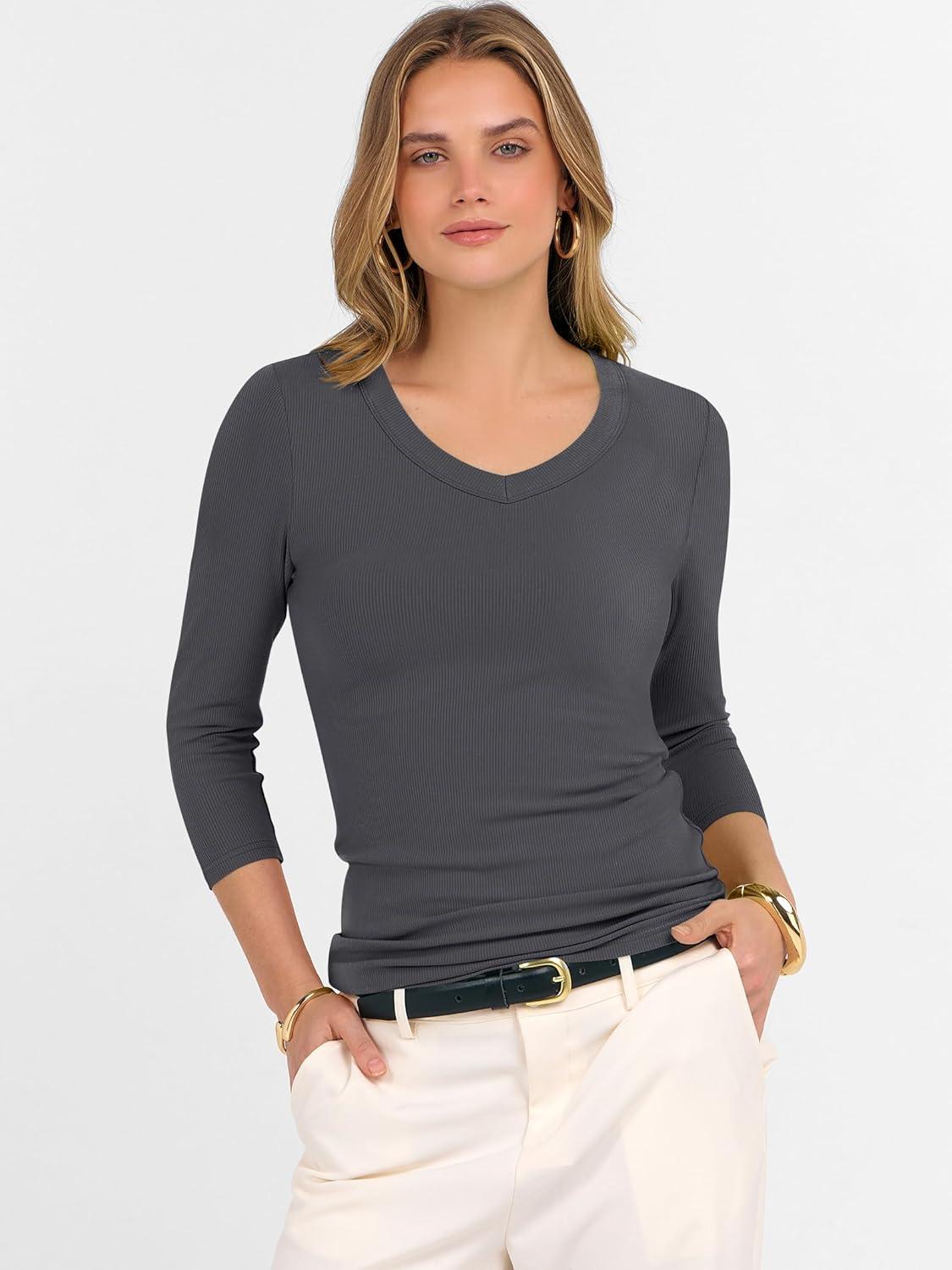 imageANRABESS Womens Tops 34 Sleeve V Neck Ribbed Knit Slim Fit Shirts Basic Tee 2025 Fall Outfits Casual Tshirt Fashion ClothesDeep Grey