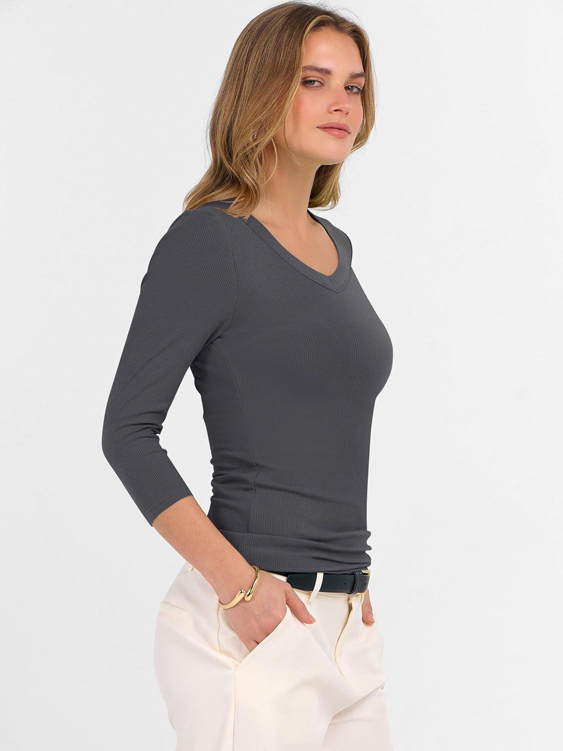 imageANRABESS Womens Tops 34 Sleeve V Neck Ribbed Knit Slim Fit Shirts Basic Tee 2025 Fall Outfits Casual Tshirt Fashion ClothesDeep Grey