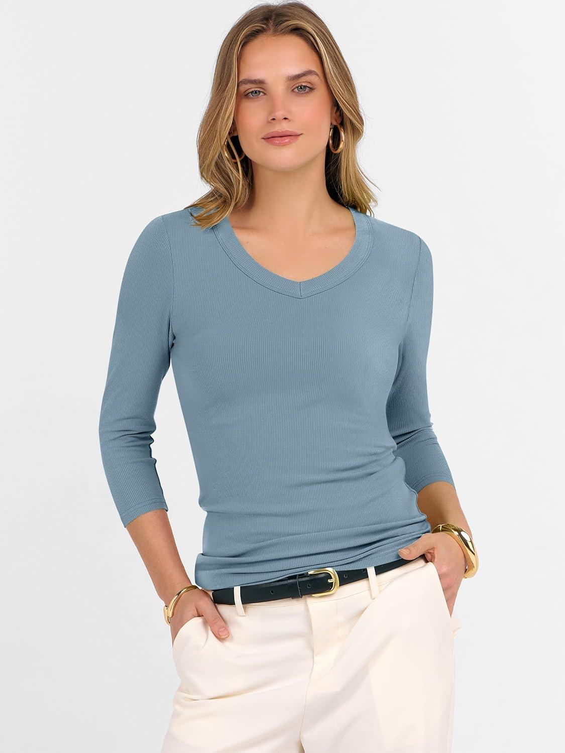 imageANRABESS Womens Tops 34 Sleeve V Neck Ribbed Knit Slim Fit Shirts Basic Tee 2025 Fall Outfits Casual Tshirt Fashion ClothesGrey Blue