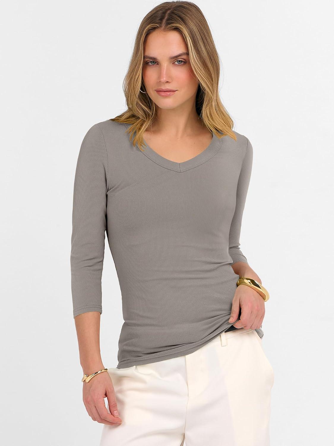 imageANRABESS Womens Tops 34 Sleeve V Neck Ribbed Knit Slim Fit Shirts Basic Tee 2025 Fall Outfits Casual Tshirt Fashion ClothesGrey Khaki