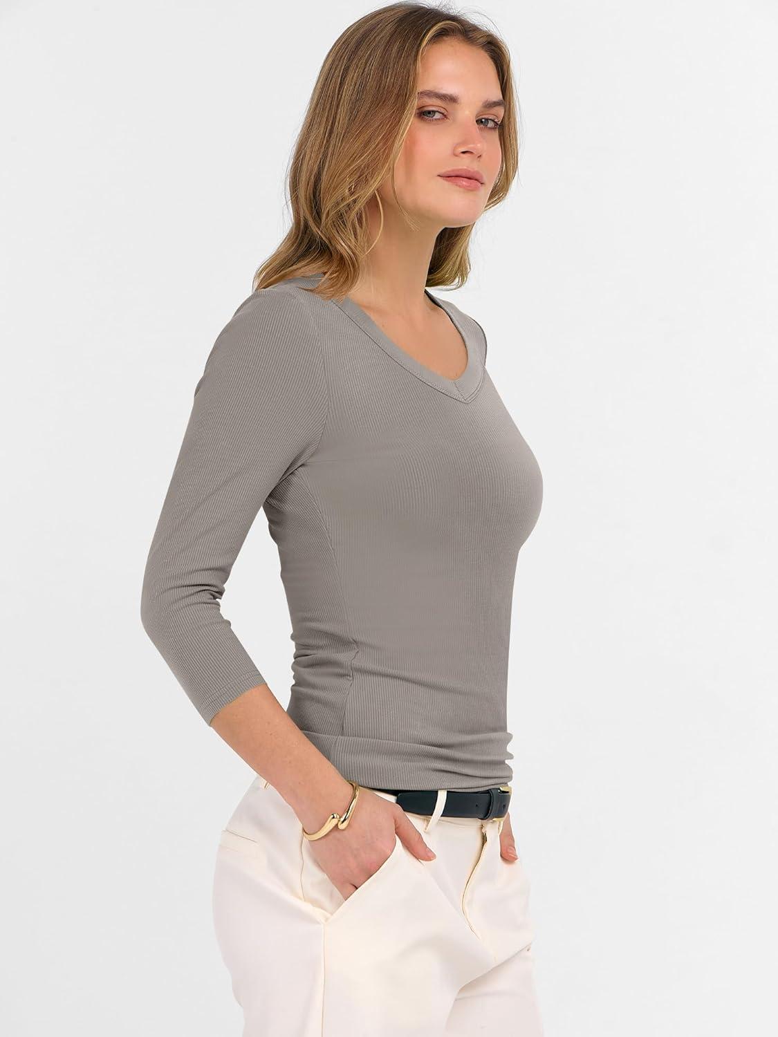 imageANRABESS Womens Tops 34 Sleeve V Neck Ribbed Knit Slim Fit Shirts Basic Tee 2025 Fall Outfits Casual Tshirt Fashion ClothesGrey Khaki