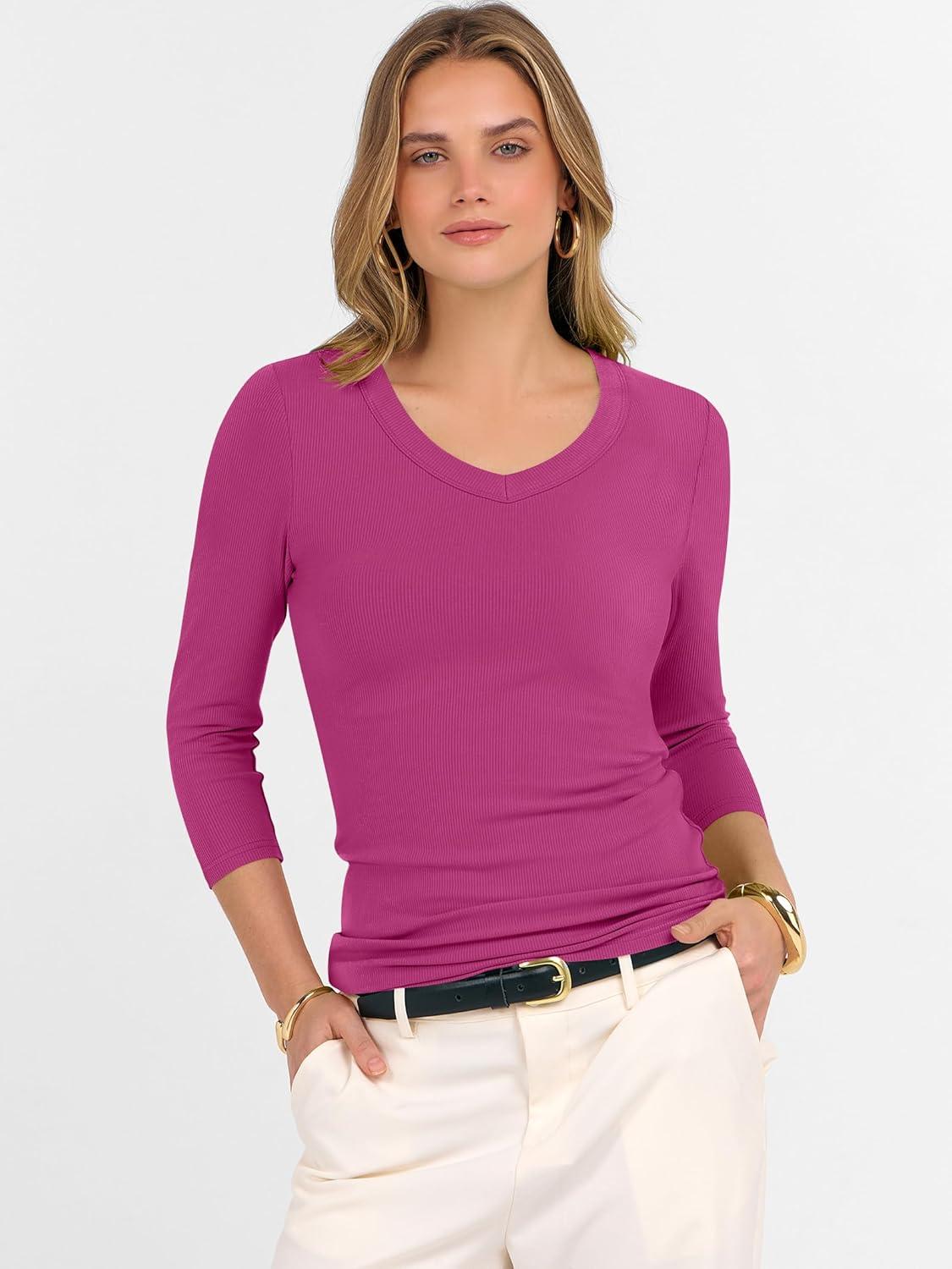 imageANRABESS Womens Tops 34 Sleeve V Neck Ribbed Knit Slim Fit Shirts Basic Tee 2025 Fall Outfits Casual Tshirt Fashion ClothesHot Pink