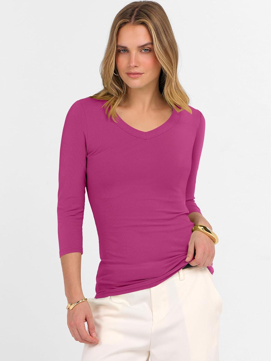 imageANRABESS Womens Tops 34 Sleeve V Neck Ribbed Knit Slim Fit Shirts Basic Tee 2025 Fall Outfits Casual Tshirt Fashion ClothesHot Pink