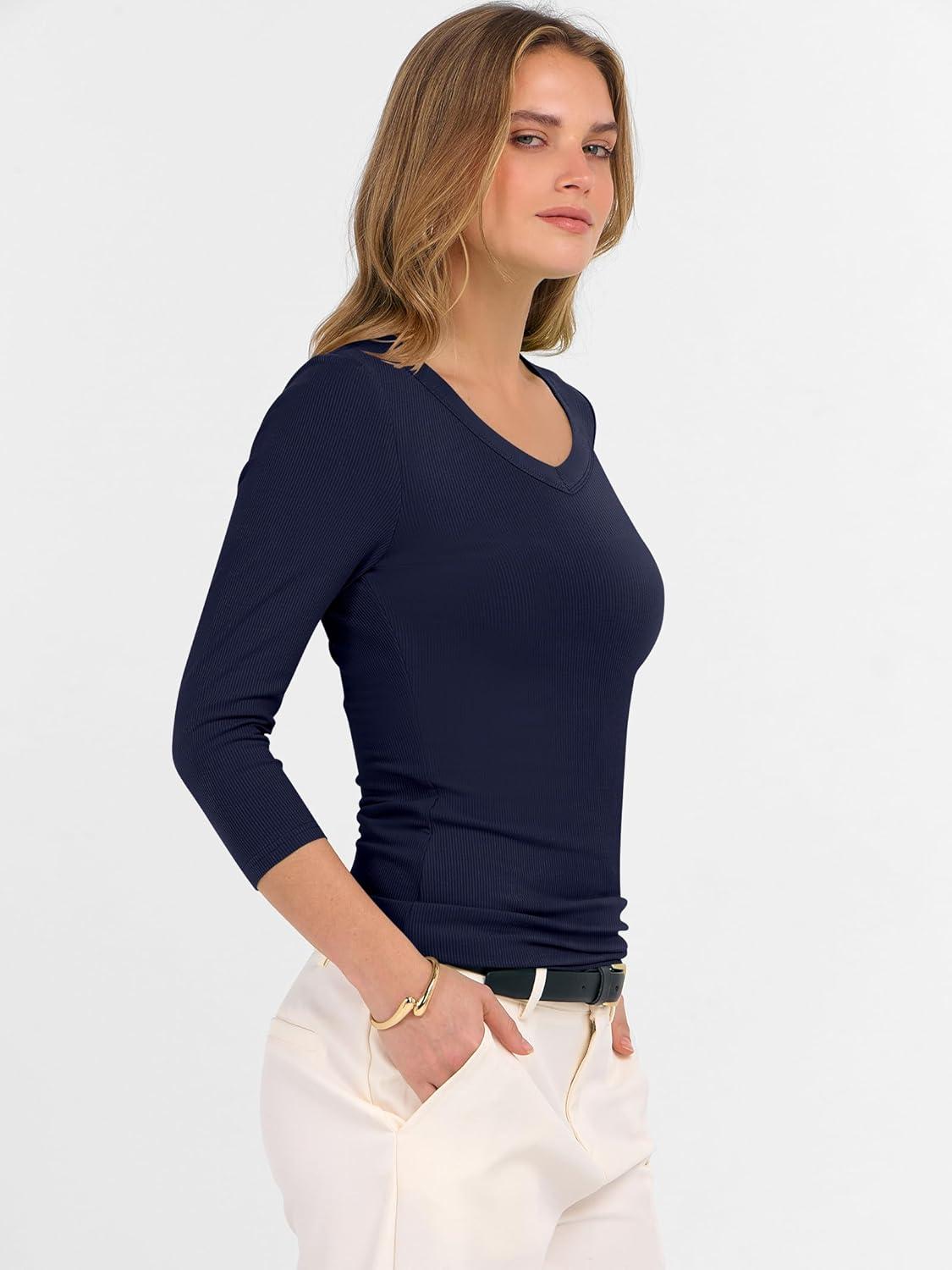 imageANRABESS Womens Tops 34 Sleeve V Neck Ribbed Knit Slim Fit Shirts Basic Tee 2025 Fall Outfits Casual Tshirt Fashion ClothesNavy Blue