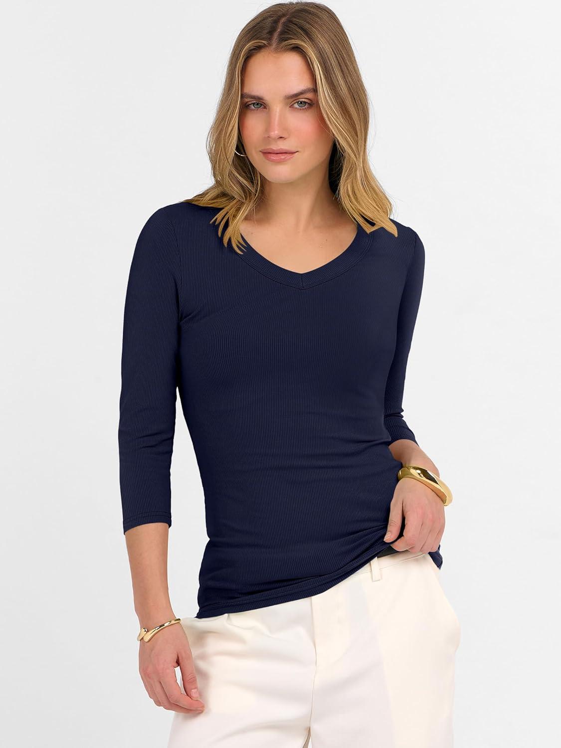imageANRABESS Womens Tops 34 Sleeve V Neck Ribbed Knit Slim Fit Shirts Basic Tee 2025 Fall Outfits Casual Tshirt Fashion ClothesNavy Blue