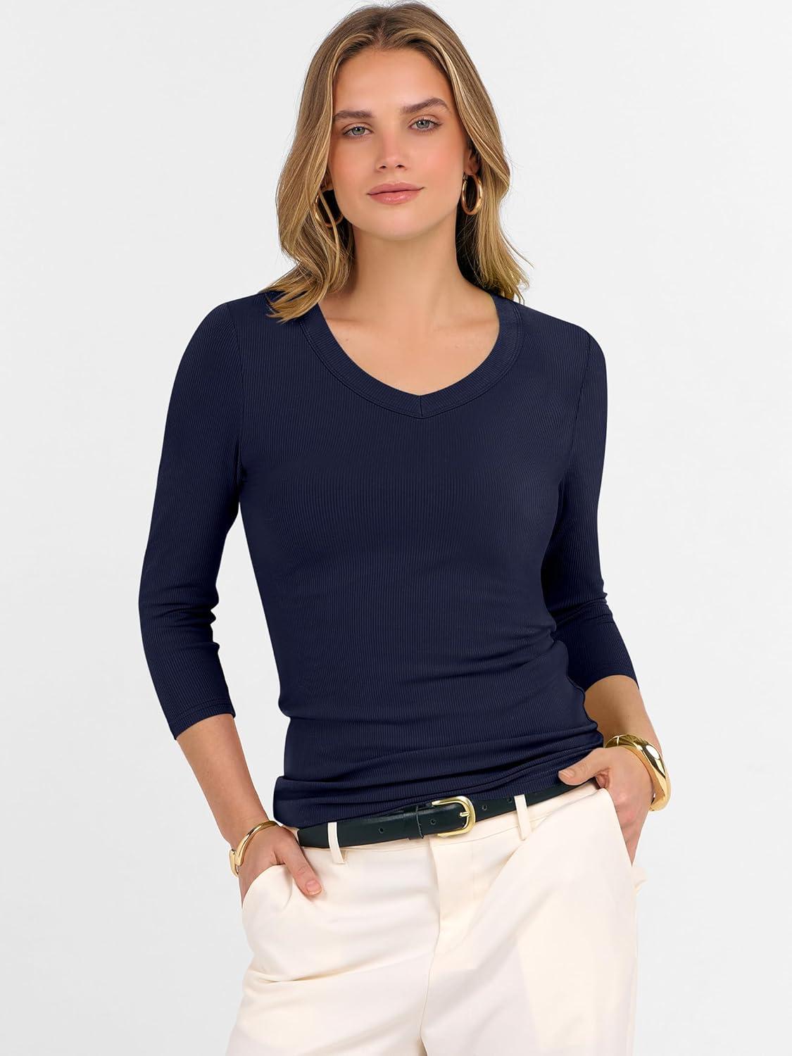 imageANRABESS Womens Tops 34 Sleeve V Neck Ribbed Knit Slim Fit Shirts Basic Tee 2025 Fall Outfits Casual Tshirt Fashion ClothesNavy Blue