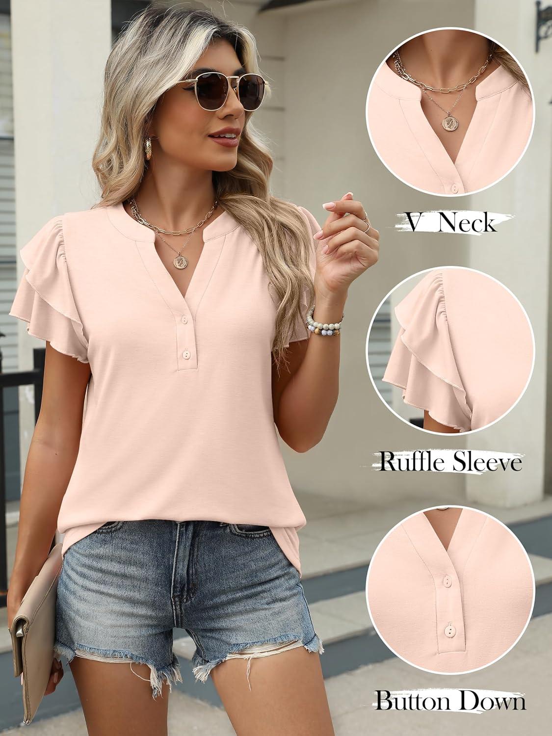 imageANRABESS Womens Tops Dressy Casual Ruffle Short Sleeve V Neck Blouses Summer Button Down Business Work Elegant ShirtsBeige