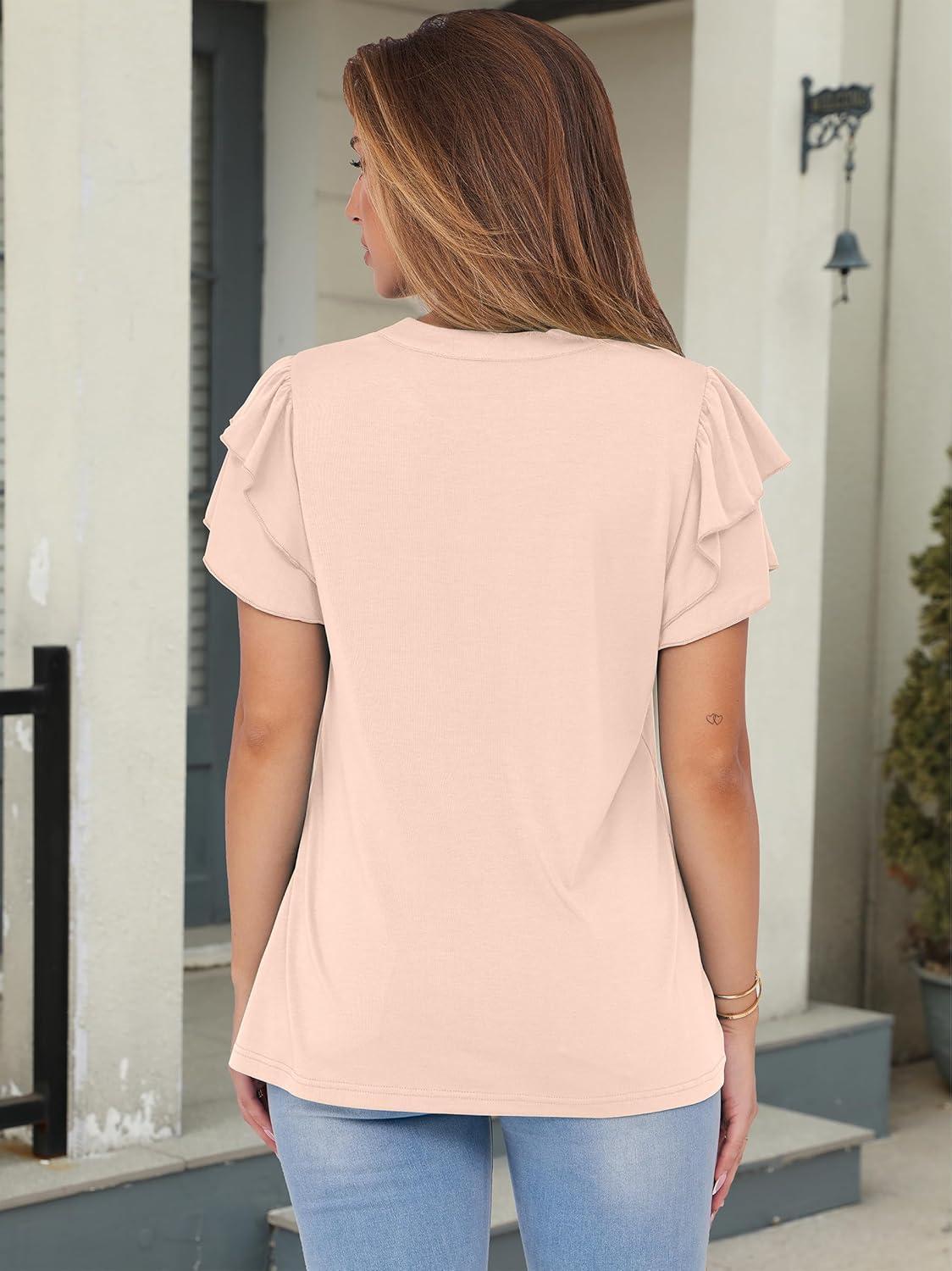 imageANRABESS Womens Tops Dressy Casual Ruffle Short Sleeve V Neck Blouses Summer Button Down Business Work Elegant ShirtsBeige