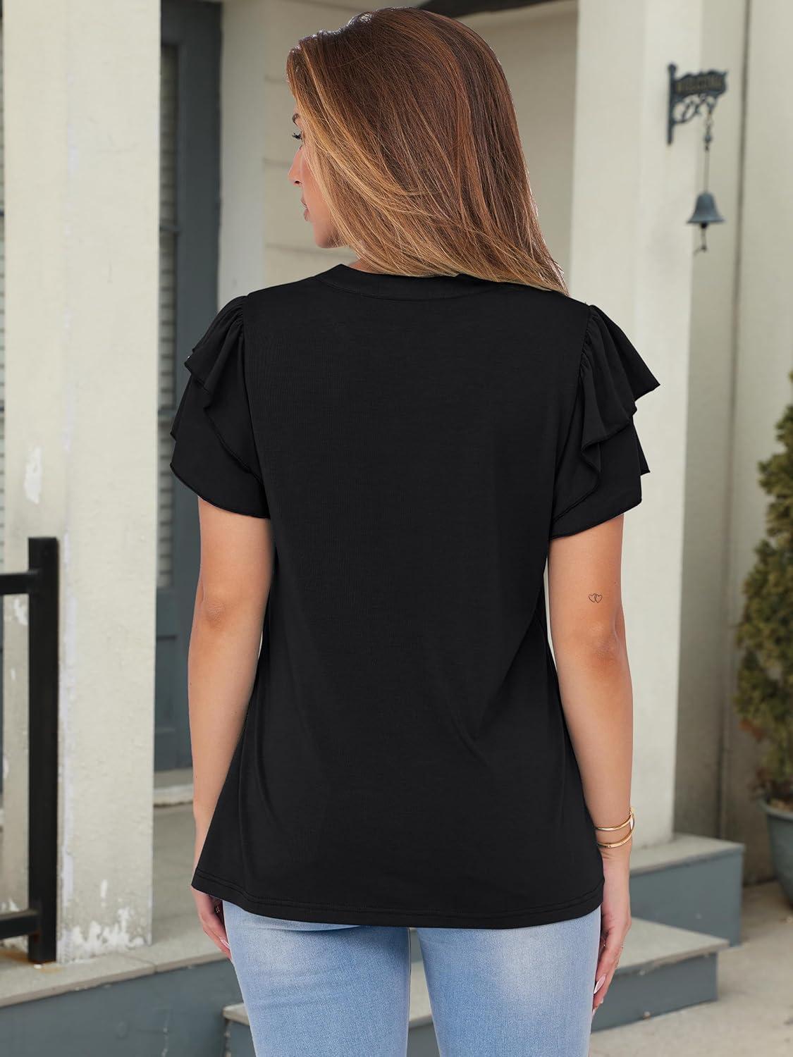 imageANRABESS Womens Tops Dressy Casual Ruffle Short Sleeve V Neck Blouses Summer Button Down Business Work Elegant ShirtsBlack