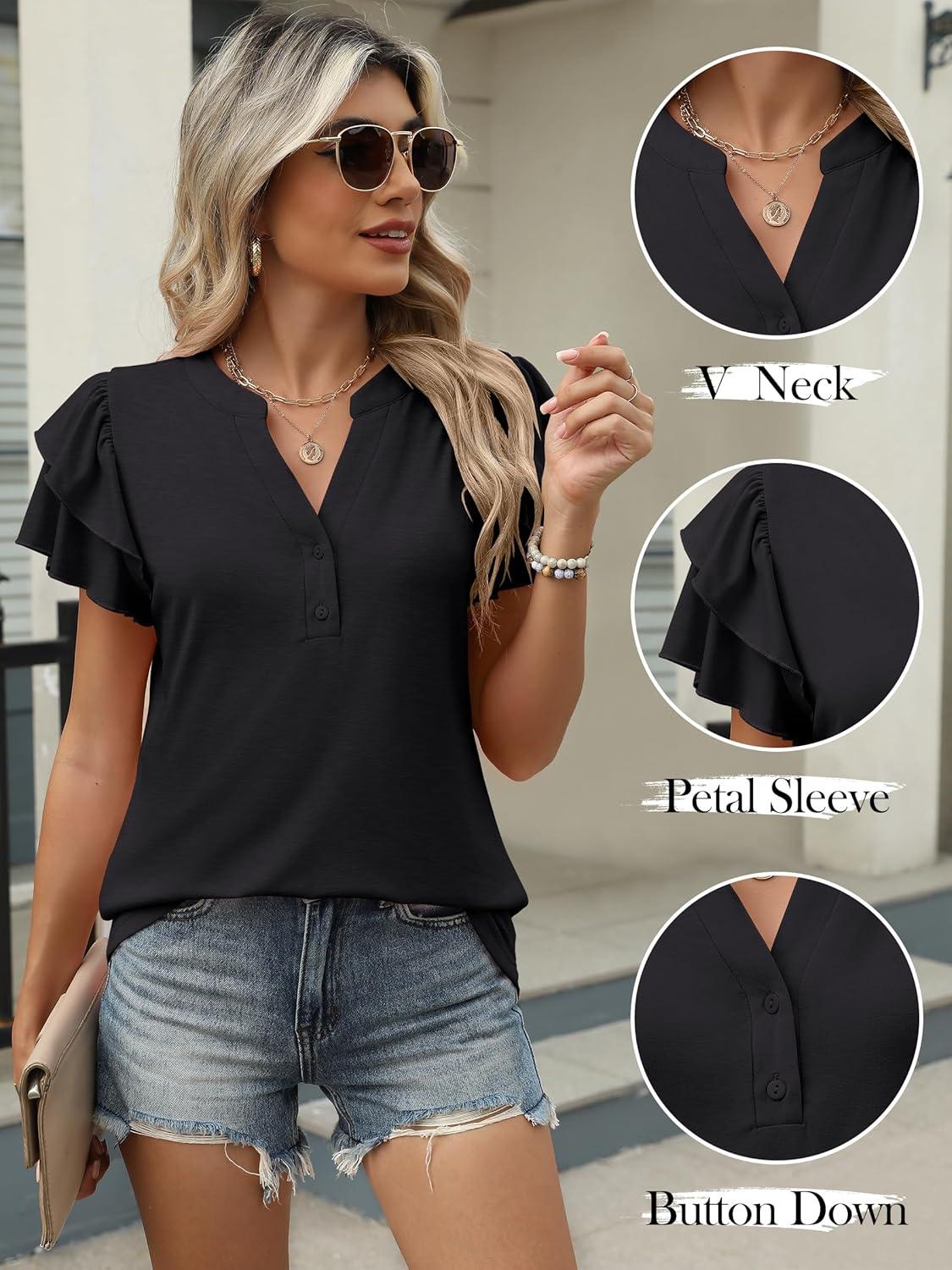 imageANRABESS Womens Tops Dressy Casual Ruffle Short Sleeve V Neck Blouses Summer Button Down Business Work Elegant ShirtsBlack