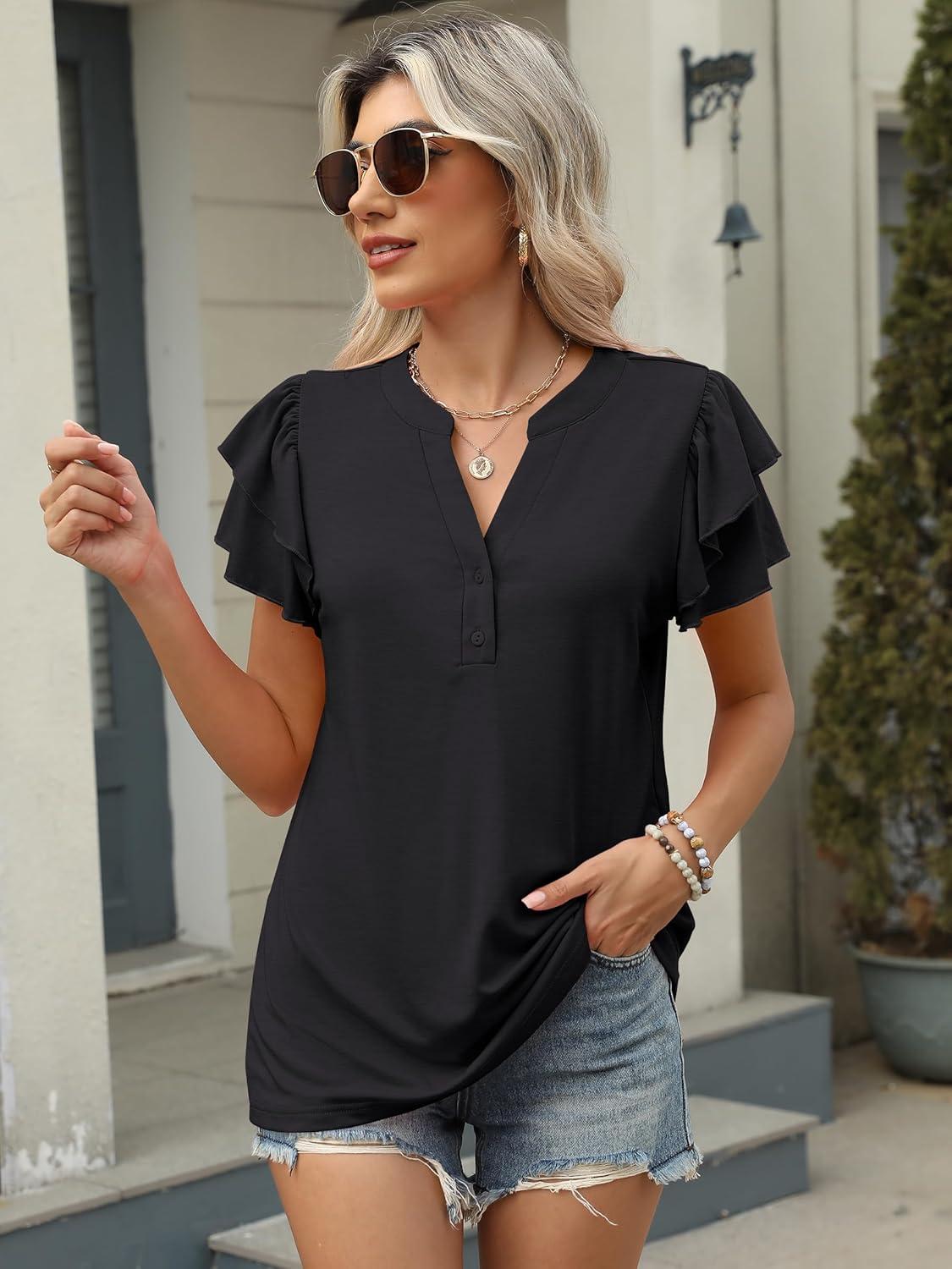 imageANRABESS Womens Tops Dressy Casual Ruffle Short Sleeve V Neck Blouses Summer Button Down Business Work Elegant ShirtsBlack