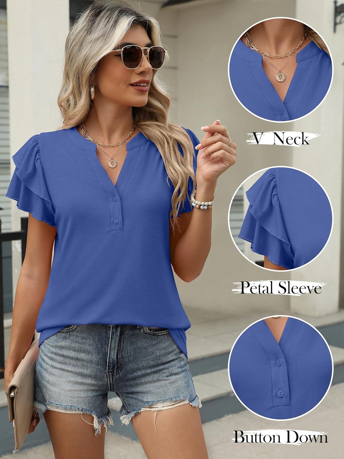 imageANRABESS Womens Tops Dressy Casual Ruffle Short Sleeve V Neck Blouses Summer Button Down Business Work Elegant ShirtsBlue